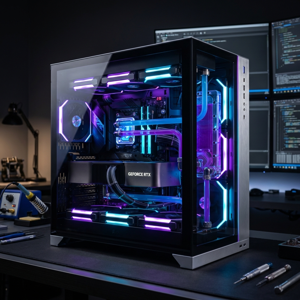 Custom gaming PC with glass side panel and RGB components illustrative graphic