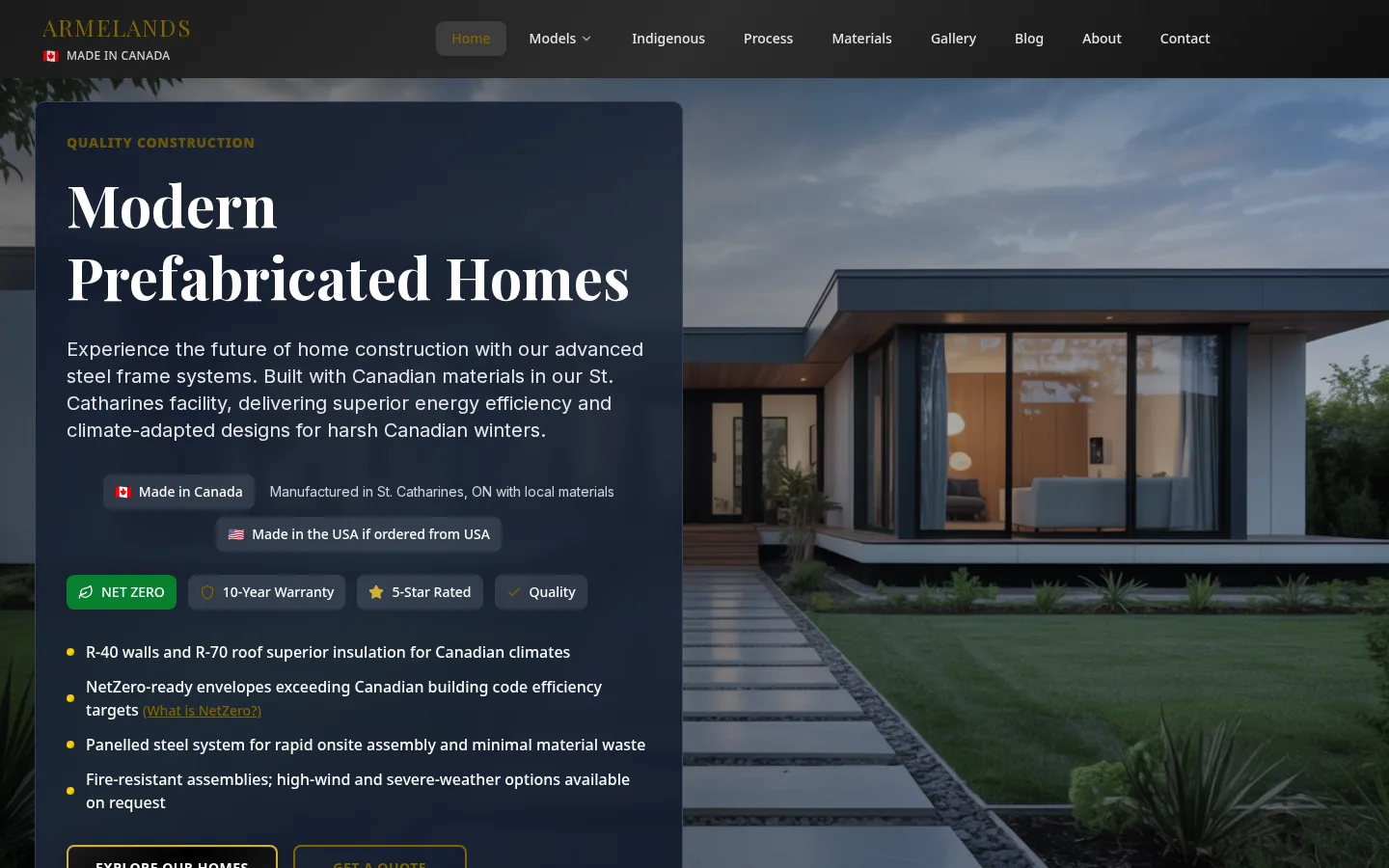 Armelands website homepage showing a modern prefabricated Canadian home