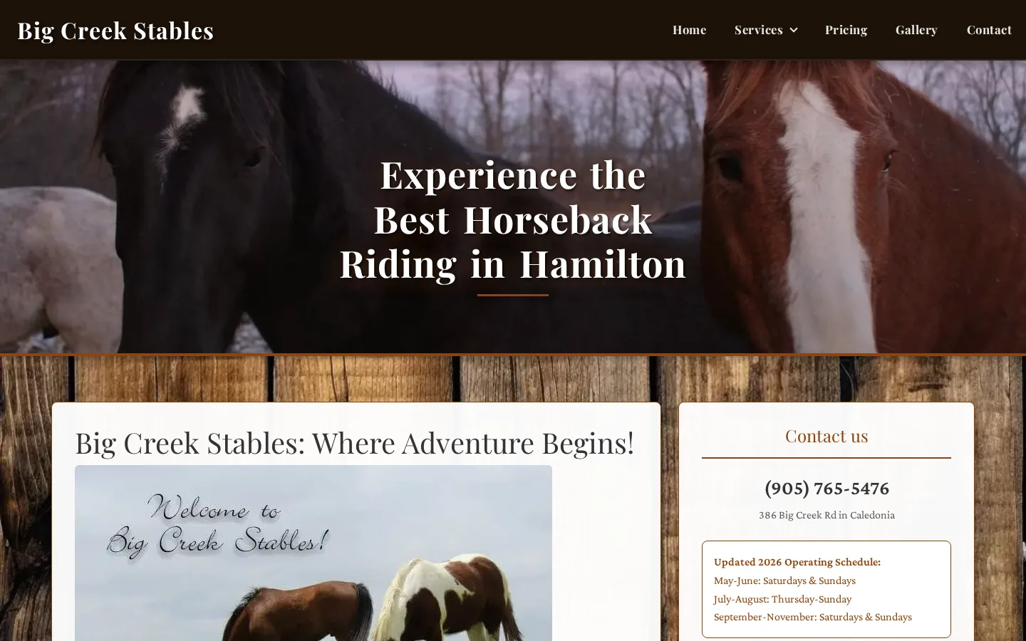 Big Creek Stables website homepage with horses and horseback riding information