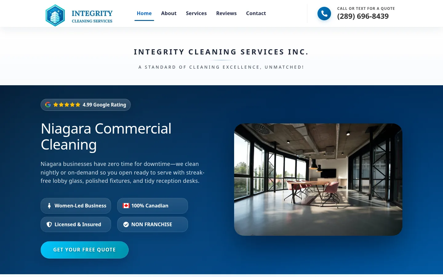 Integrity Cleaning Niagara website homepage for commercial cleaning services