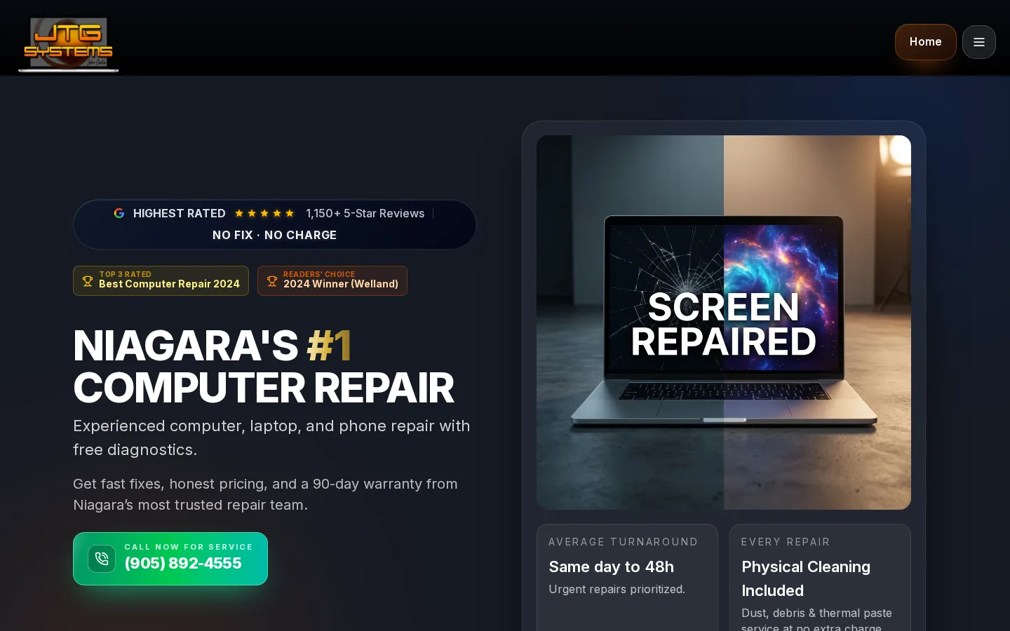 JTG Systems website homepage advertising Niagara computer repair services