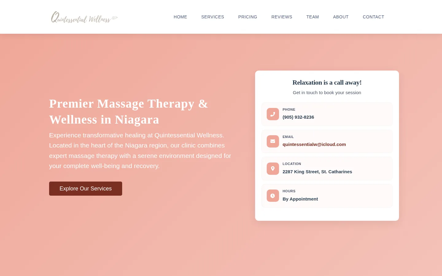 Quintessential Wellness website homepage for massage therapy and wellness services