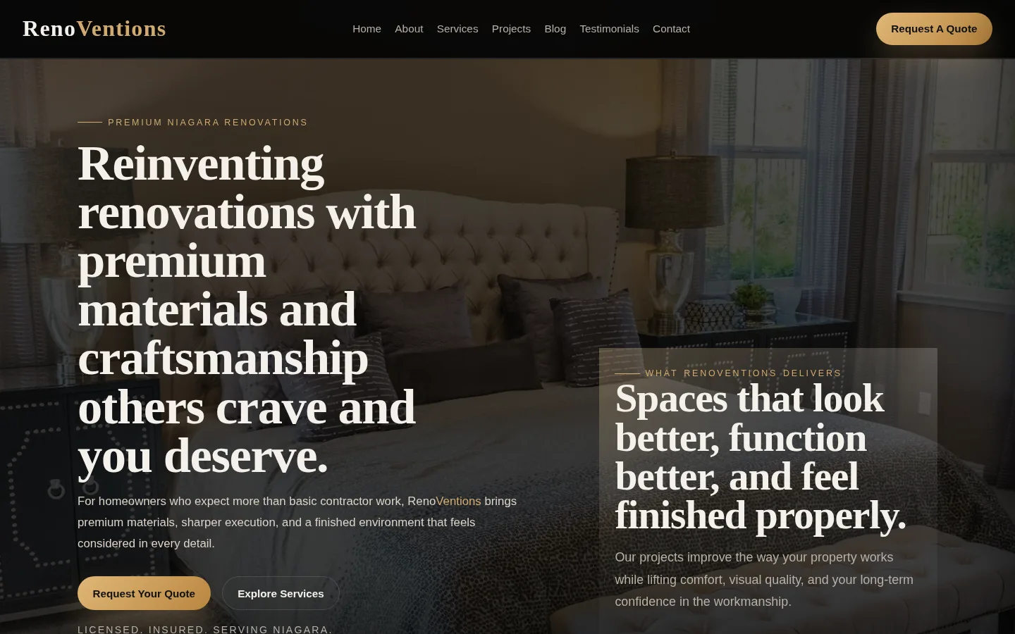 Renoventions website homepage presenting premium Niagara renovation work