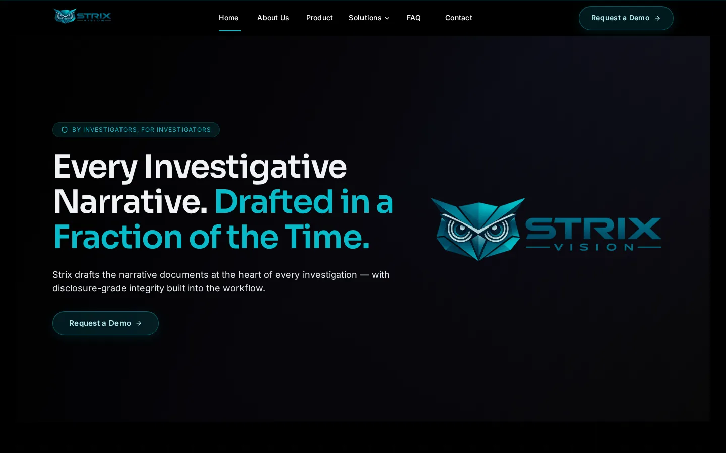 Strix Vision AI website homepage with an investigator-focused product message