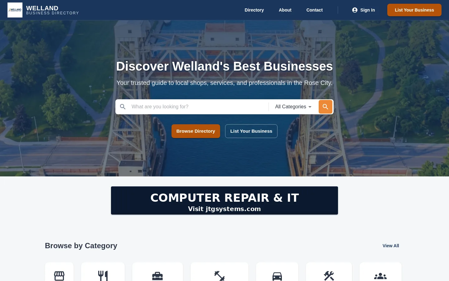 Welland Business Directory website homepage with local business search
