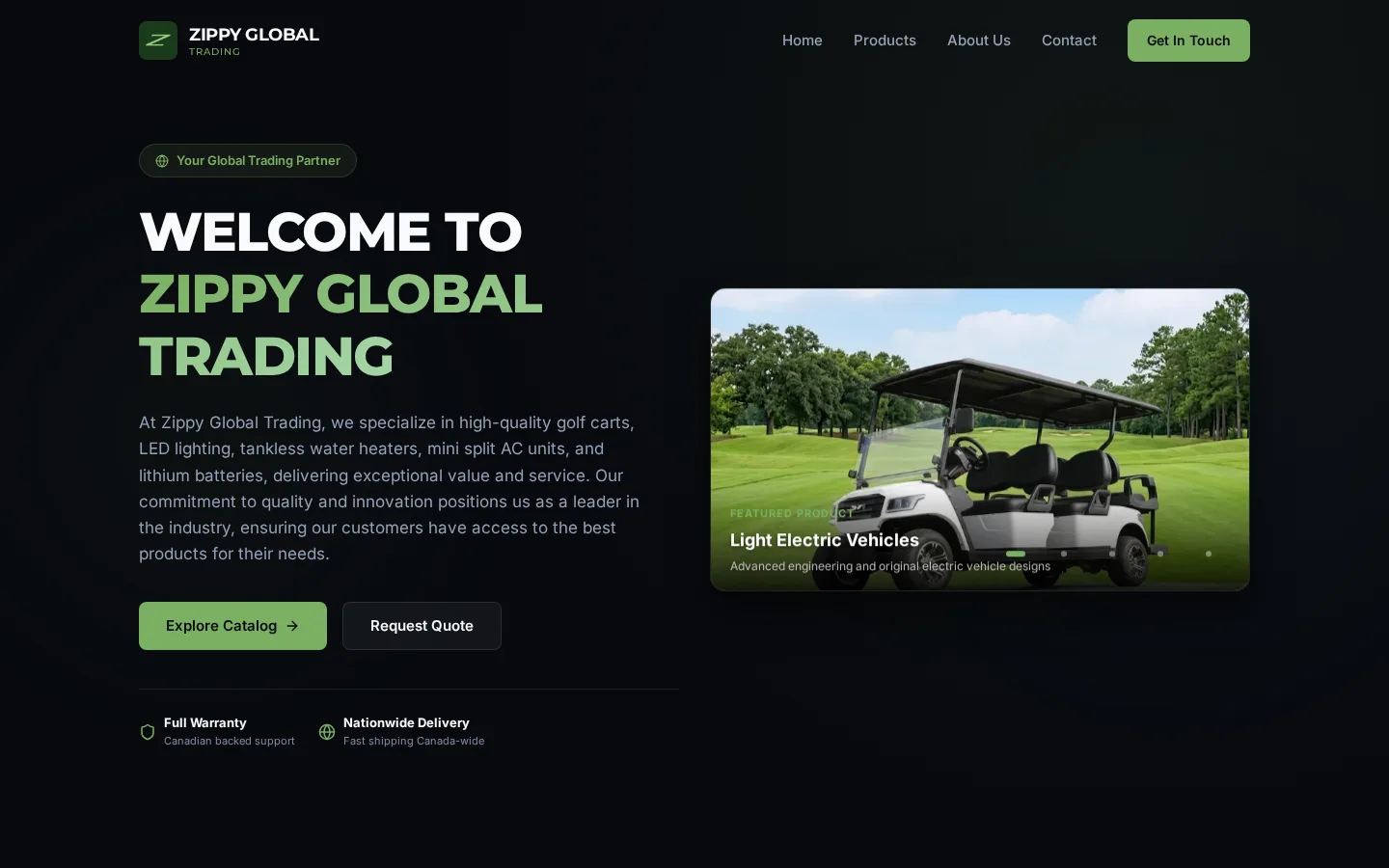 Zippy Global Trading website homepage showing electric vehicles and product categories